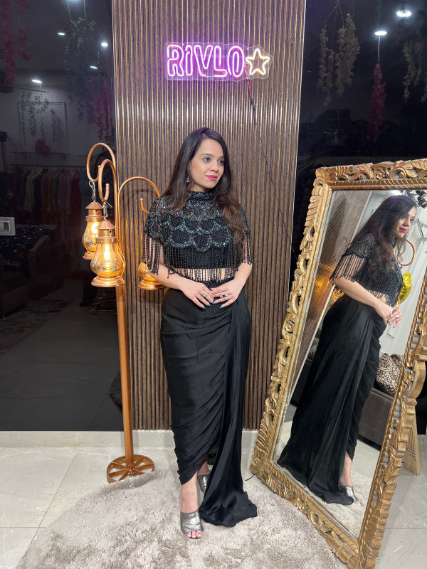 Black Sequin Drape Skirt & Fringe Cape Blouse Set RC278