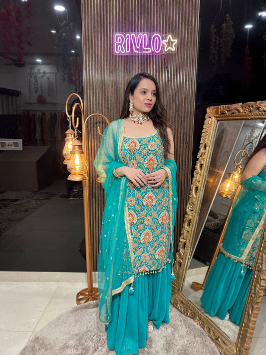 Turquoise Majesty Sharara Suit Set RC273