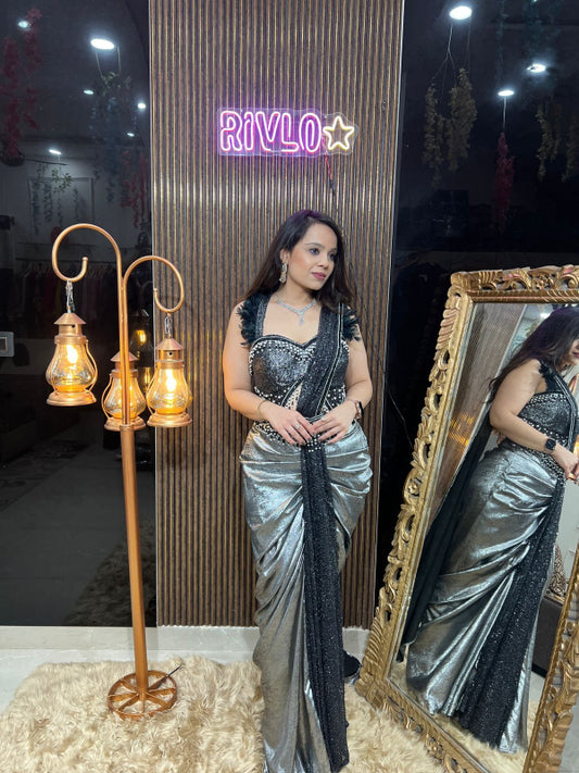 🖤 Metallic Sequin Drape Saree Indo 🖤 RC286