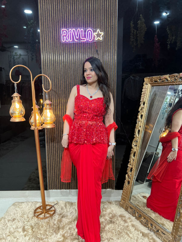 Red Peplum Drape Saree Set RC293