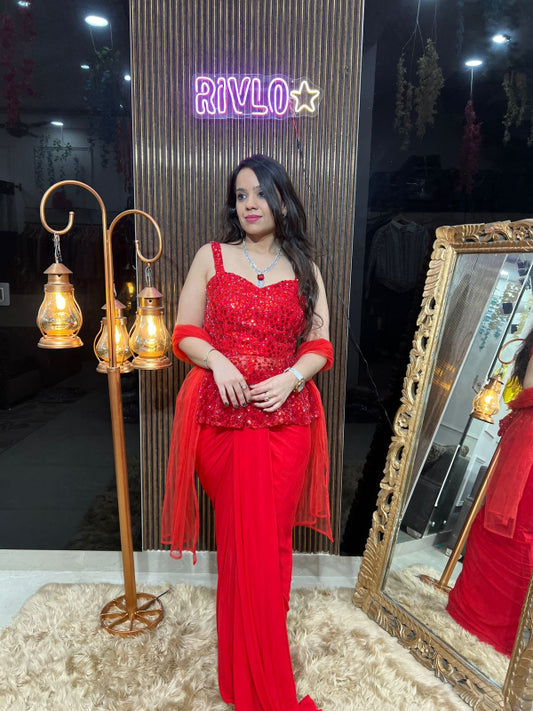 Red Peplum Drape Saree Set RC293