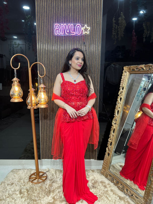 Red Peplum Drape Saree Set RC293