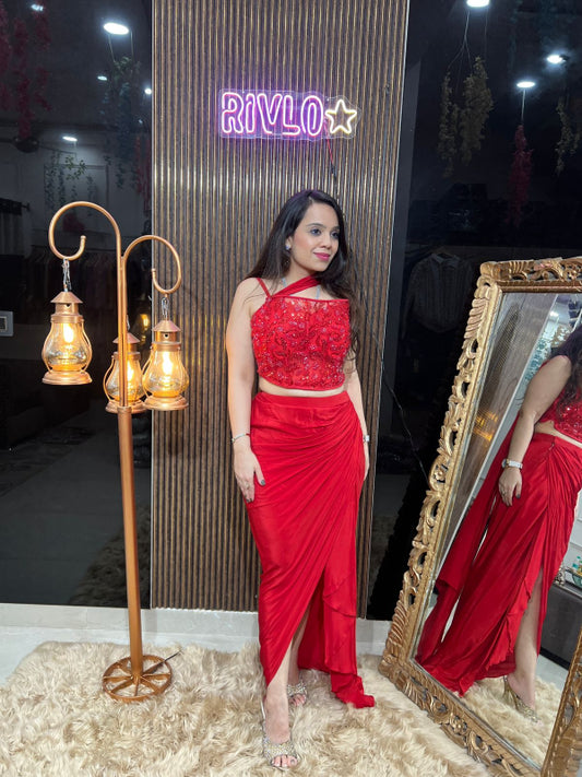 Red Embellished Drape Skirt Set RC292