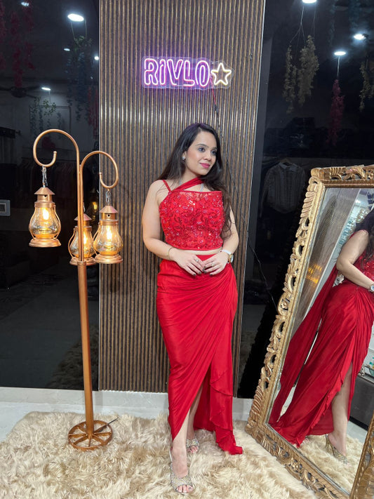 Red Embellished Drape Skirt Set RC292
