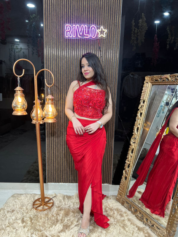Red Embellished Drape Skirt Set RC292