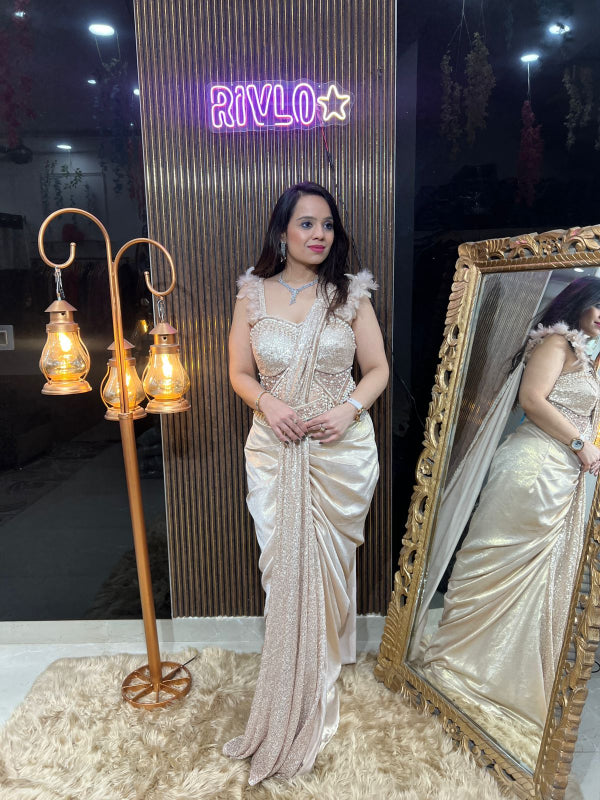 🌟 Ivory Gold Sequin Drape Saree Indo🌟 RC287