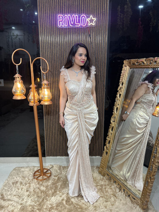 🌟 Ivory Gold Sequin Drape Saree Indo🌟 RC287