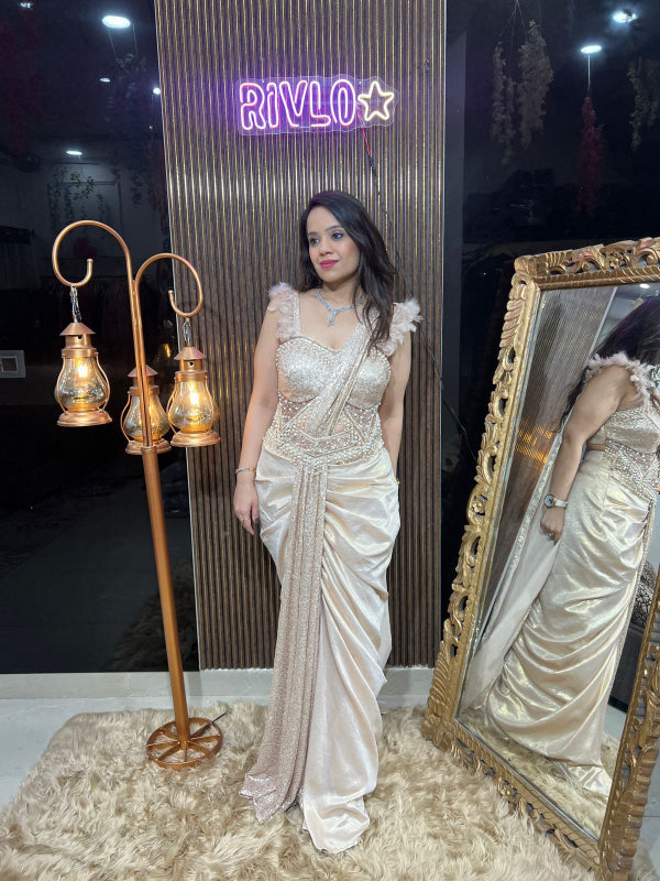 🌟 Ivory Gold Sequin Drape Saree Indo🌟 RC287