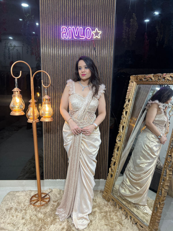 🌟 Ivory Gold Sequin Drape Saree Indo🌟 RC287