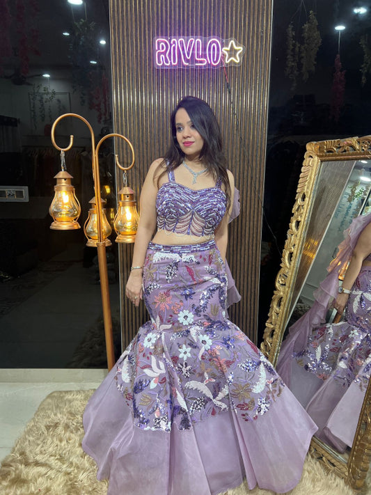 Lavender Heavy Embroidered Fish-Cut Lehenga RC291