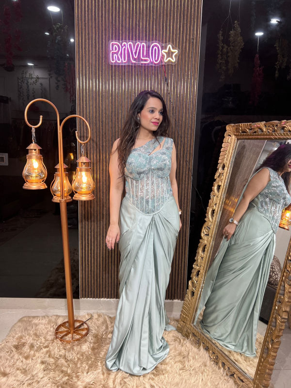 Mint Green AND ICE BLUE Corset Drape Saree RC290