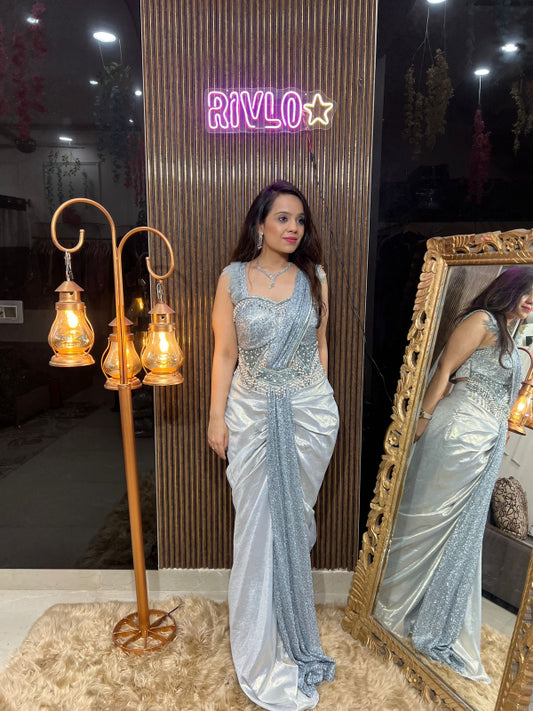 Silver Grey Sequin Draped Saree  RC289