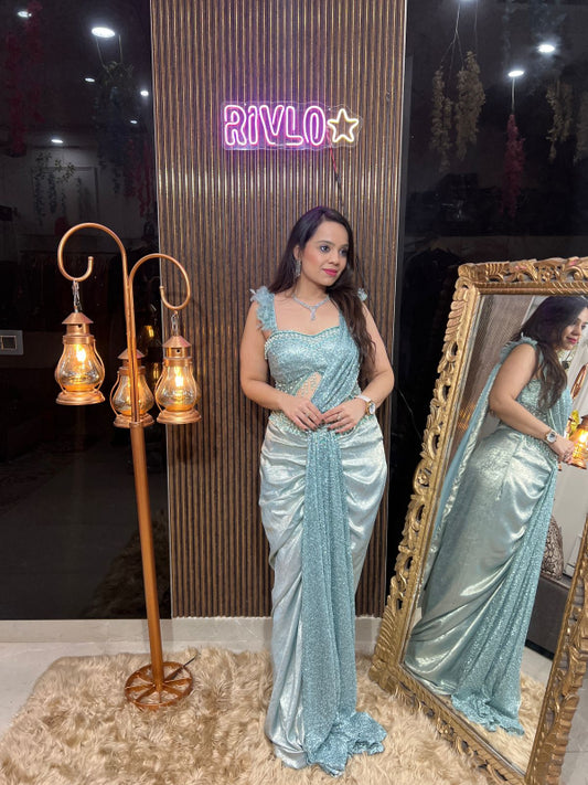 💖 Ice Blue Sequin Drape Saree Indo 💖 RC285
