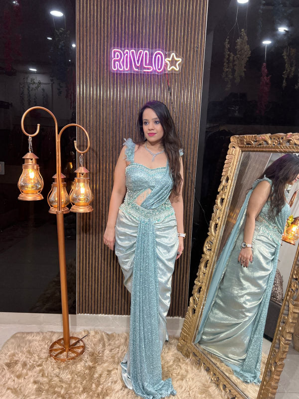 💖 Ice Blue Sequin Drape Saree Indo 💖 RC285