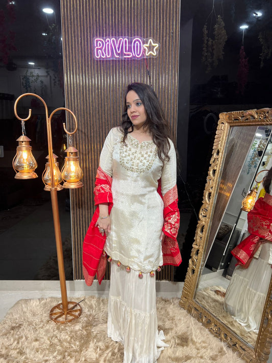 ✨ Elegant White Sharara Set with Red Dupatta ✨RC299