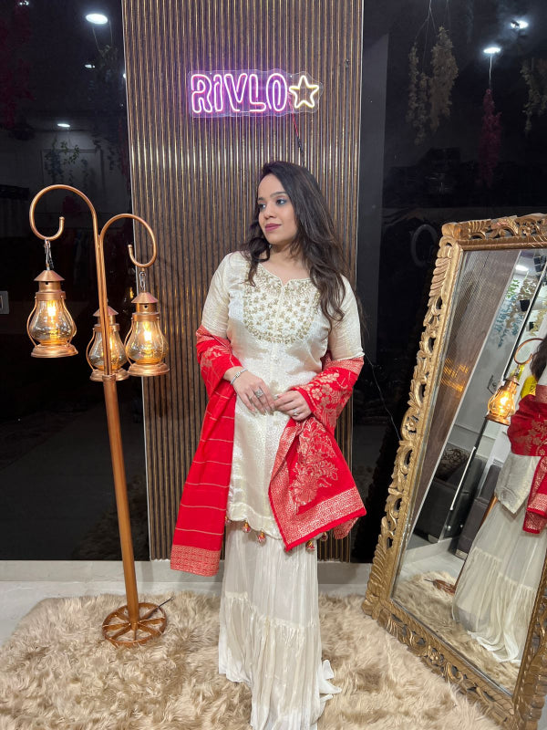 ✨ Elegant White Sharara Set with Red Dupatta ✨RC299