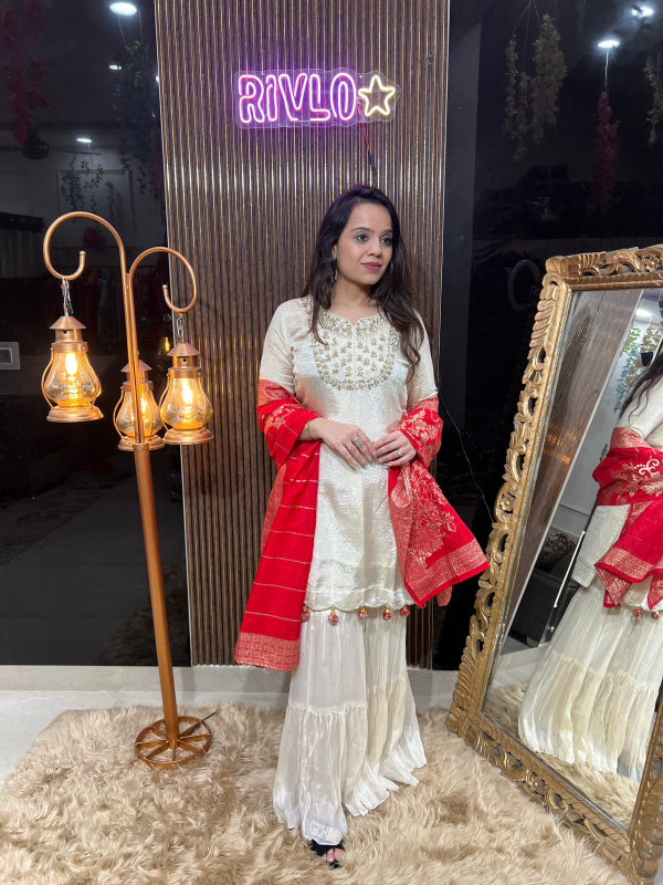 ✨ Elegant White Sharara Set with Red Dupatta ✨RC299