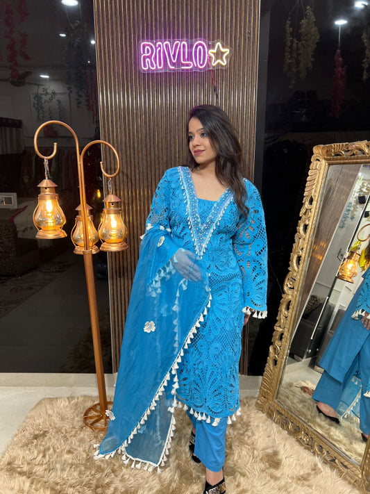 Azure Elegance – Embroidered Chikankari Suit Set RC301