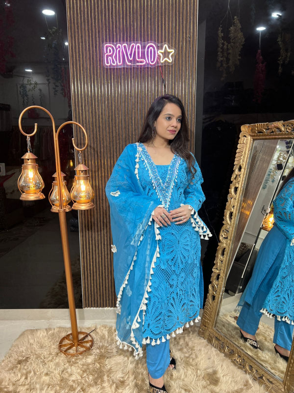 Azure Elegance – Embroidered Chikankari Suit Set RC301