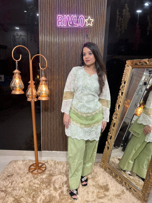 Butterfly Bloom – Mint Green Embroidered Suit Set RC302