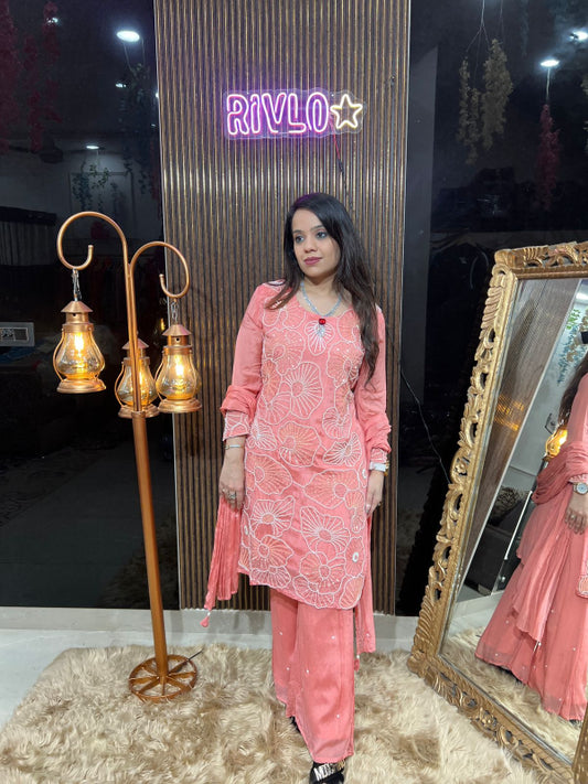 Peach Petal – Floral Embroidered Suit Set RC303