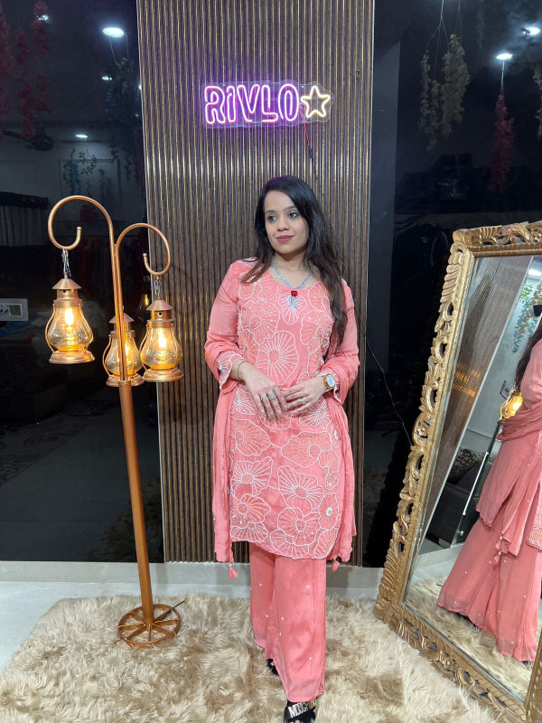 Peach Petal – Floral Embroidered Suit Set RC303