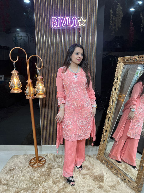 Peach Petal – Floral Embroidered Suit Set RC303