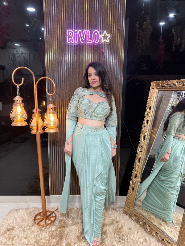 🌸 Dark Pastel Embellished Blouse with Drape Saree Set 🌸RC313