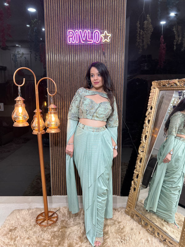 🌸 Dark Pastel Embellished Blouse with Drape Saree Set 🌸RC313