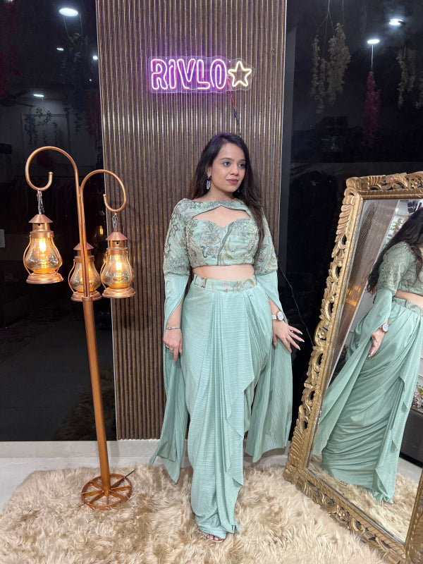 🌸 Dark Pastel Embellished Blouse with Drape Saree Set 🌸RC313