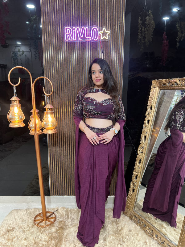 🌸 Dark Pastel Embellished Blouse with Drape Saree Set 🌸RC313