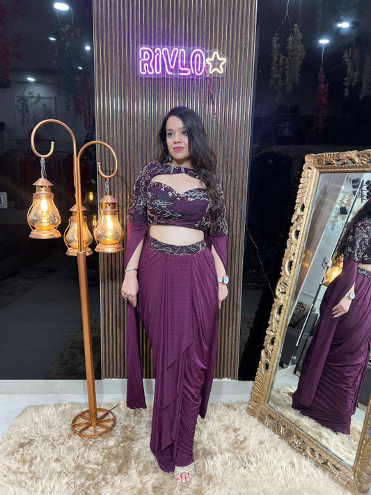 🌸 Dark Pastel Embellished Blouse with Drape Saree Set 🌸RC313