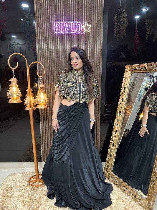 ✨ Black Drape Skirt with Embroidered Cape Blouse ✨ RC309