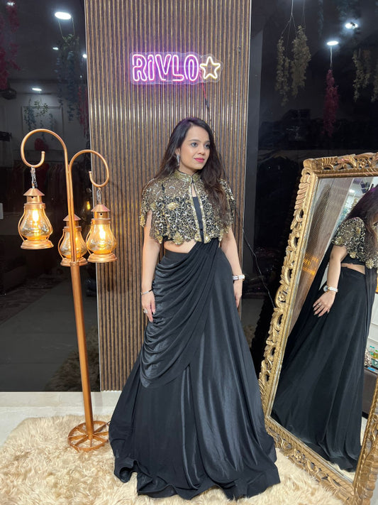 ✨ Black Drape Skirt with Embroidered Cape Blouse ✨ RC309