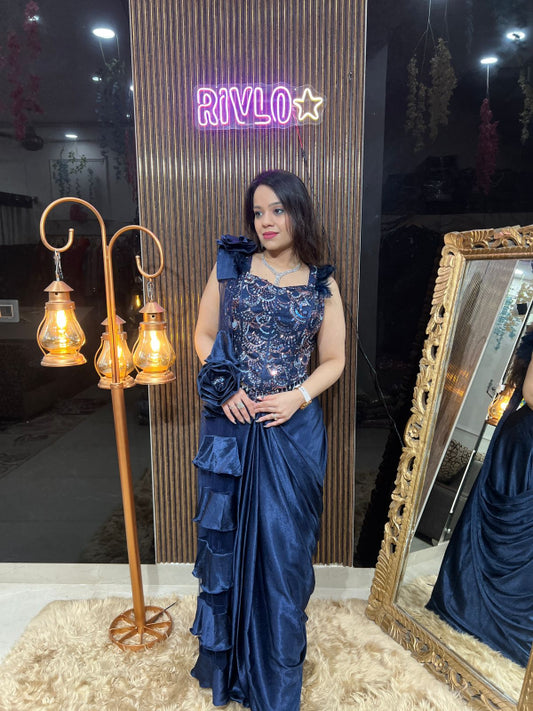 💙 Navy Blue Embellished Drape Saree Gown 💙 RC310