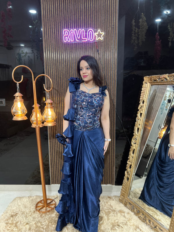 💙 Navy Blue Embellished Drape Saree Gown 💙 RC310