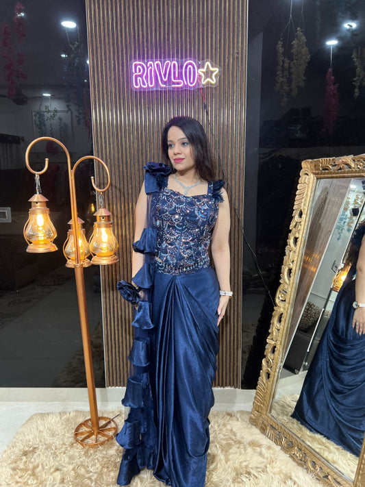 💙 Navy Blue Embellished Drape Saree Gown 💙 RC310