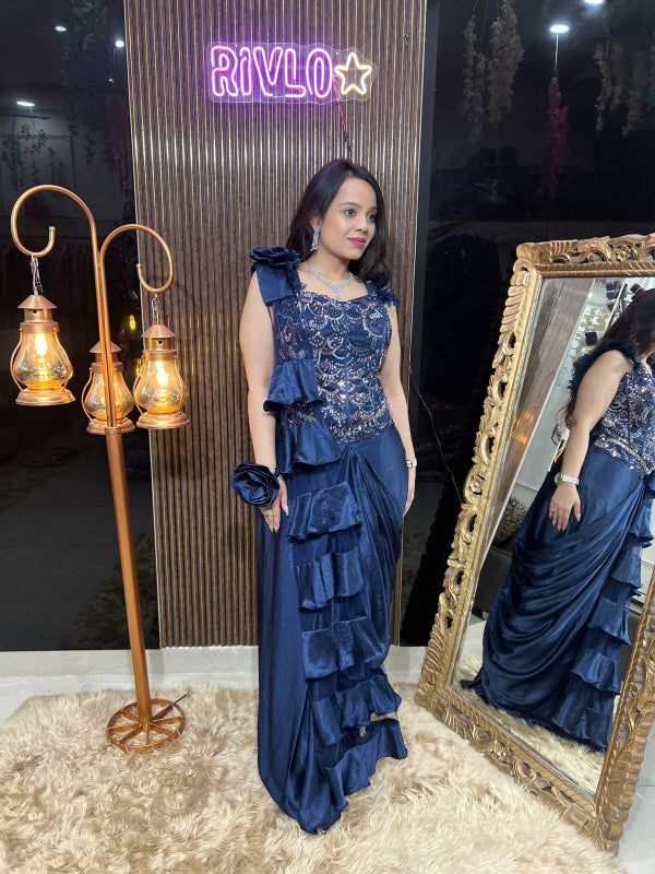 💙 Navy Blue Embellished Drape Saree Gown 💙 RC310