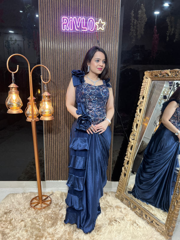 💙 Navy Blue Embellished Drape Saree Gown 💙 RC310