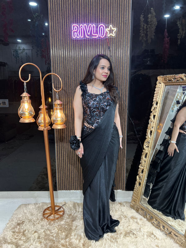 ✨ Black Designer Saree with Embellished Blouse RC314
