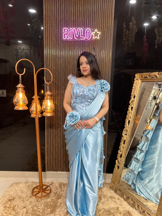 ✨ Powder Blue Satin Drape Saree with Embroidered Blouse RC315