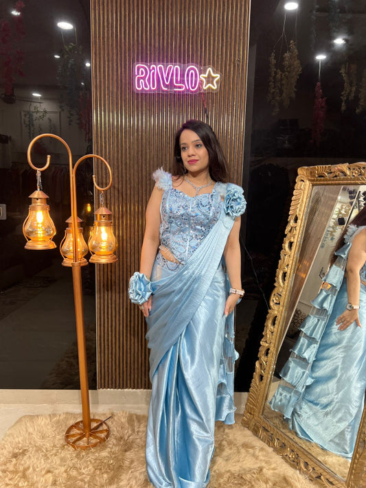 ✨ Powder Blue Satin Drape Saree with Embroidered Blouse RC315