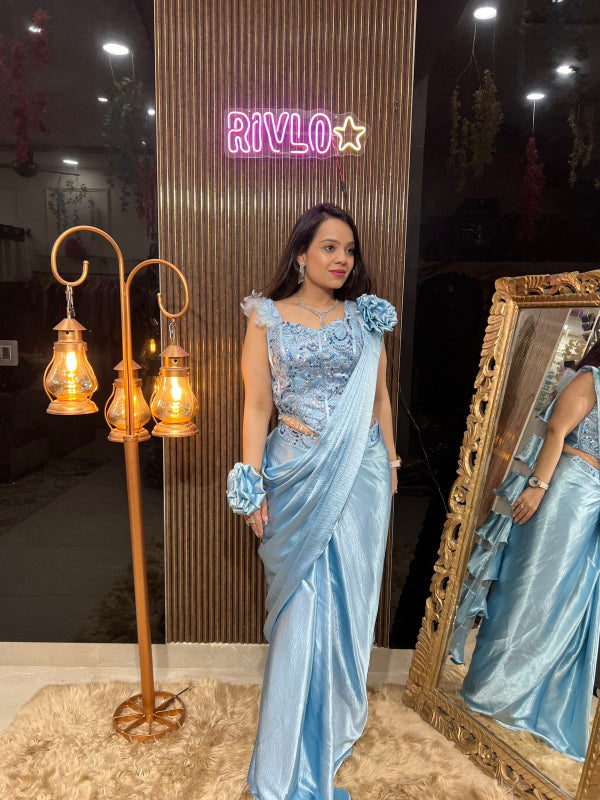 ✨ Powder Blue Satin Drape Saree with Embroidered Blouse RC315