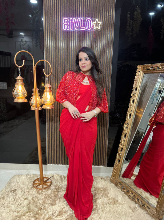 ✨ Red Drape Saree with Sequined Cape Jacket RC317