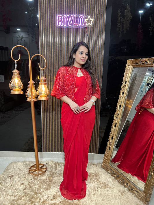 ✨ Red Drape Saree with Sequined Cape Jacket RC317