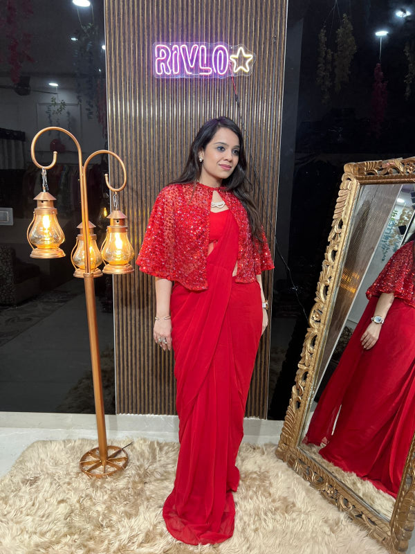 ✨ Red Drape Saree with Sequined Cape Jacket RC317