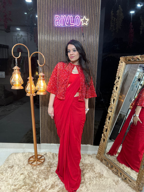 ✨ Red Drape Saree with Sequined Cape Jacket RC317