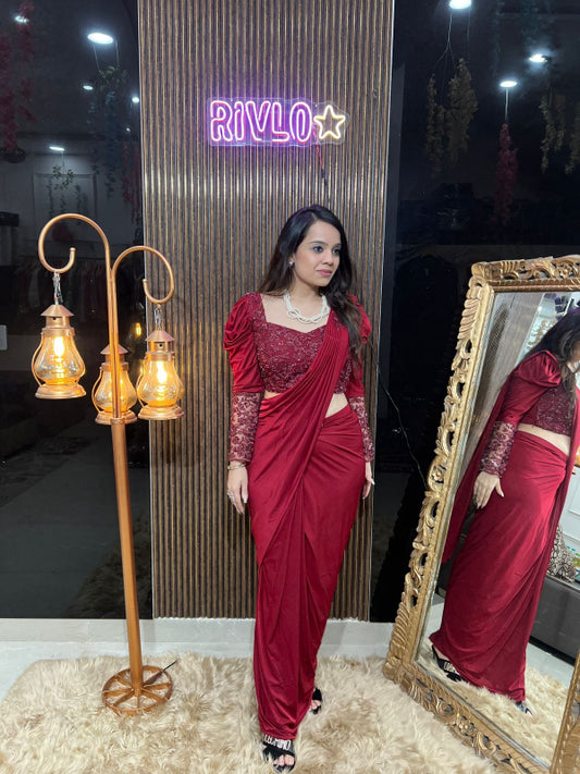 ✨ Wine Red Drape Saree with Embellished Full-Sleeve Blouse RC318