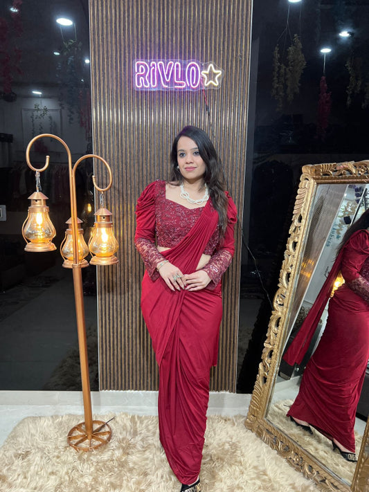 ✨ Wine Red Drape Saree with Embellished Full-Sleeve Blouse RC318