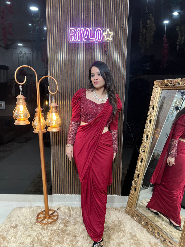 ✨ Wine Red Drape Saree with Embellished Full-Sleeve Blouse RC318